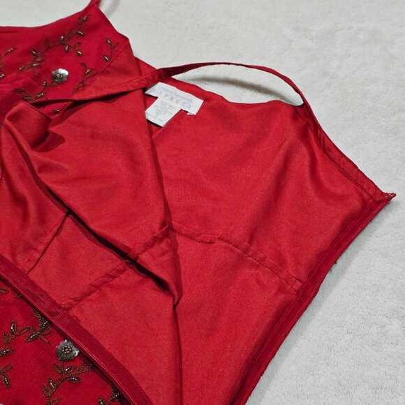 Vintage Express Red Embroidered Dress Small With Beaded Floral Boho Design 90's - Picture 10 of 16